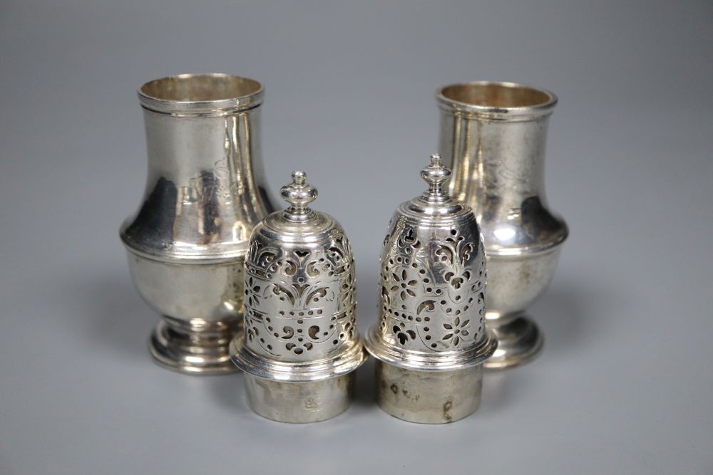 A matched pair of George I and George II silver pepperettes, Thomas Bamford, London, 1723 & 1728,